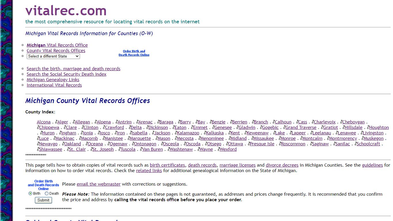 Michigan Counties Birth Certificate, Death ... - Vital Records
